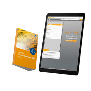 Produktabbildung des SIRADOS Baupreishandbuchs Altbau: Darstellung eines Taschenbuchs mit Online-Zugang auf dem Tablet