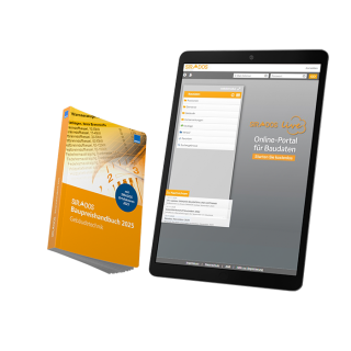 Produktabbildung des SIRADOS Baupreishandbuchs Gebäudetechnik: Darstellung eines Taschenbuchs mit Online-Zugang auf dem Tablet mit Baupreisinformationen für die Gebäudetechnik