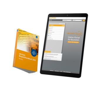 Produktabbildung des SIRADOS Baupreishandbuch Neubau: Darstellung eines Taschenbuchs mit Online-Zugang auf dem Tablet für Neubauprojekte
