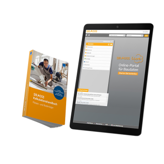 Produktabbildung: Cover des Kalkulationshandbuchs Fliesen- und Bodenleger. Das Titelbild zeigt einen Fliesenleger. Darunter ist der Titel zu sehen. Daneben ist die selbe Abbildung nochmal in einem Tablet zu erkennen.
