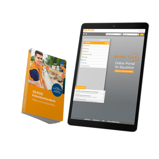 Produktabbildung: Cover des Kalkulationshandbuchs Tiefbau und Landschaftsbau. Das Titelbild zeigt einen Bauarbeiter, im Hinergrund eine Baustelle. Darunter ist der Titel zu sehen. Das Cover wird nochmals in einem Tablet dargestellt.