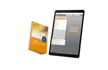 Produktabbildung des SIRADOS Baupreishandbuchs Gebäudetechnik: Darstellung eines Taschenbuchs mit Online-Zugang auf dem Tablet mit Baupreisinformationen für die Gebäudetechnik