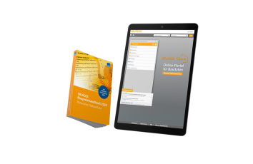 Produktabbildung des SIRADOS Baupreishandbuchs Tiefbau: Darstellung eines Taschenbuchs mit Online-Zugang auf dem Tablet mit Baupreisinformationen für den planerischen Tiefbau
