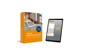 Produktabbildung des SIRADOS Kalkulationsatlas Altbau 2025 mit Online-Version auf dem Tablet mit Baupreisen und Kalkulationsansätzen